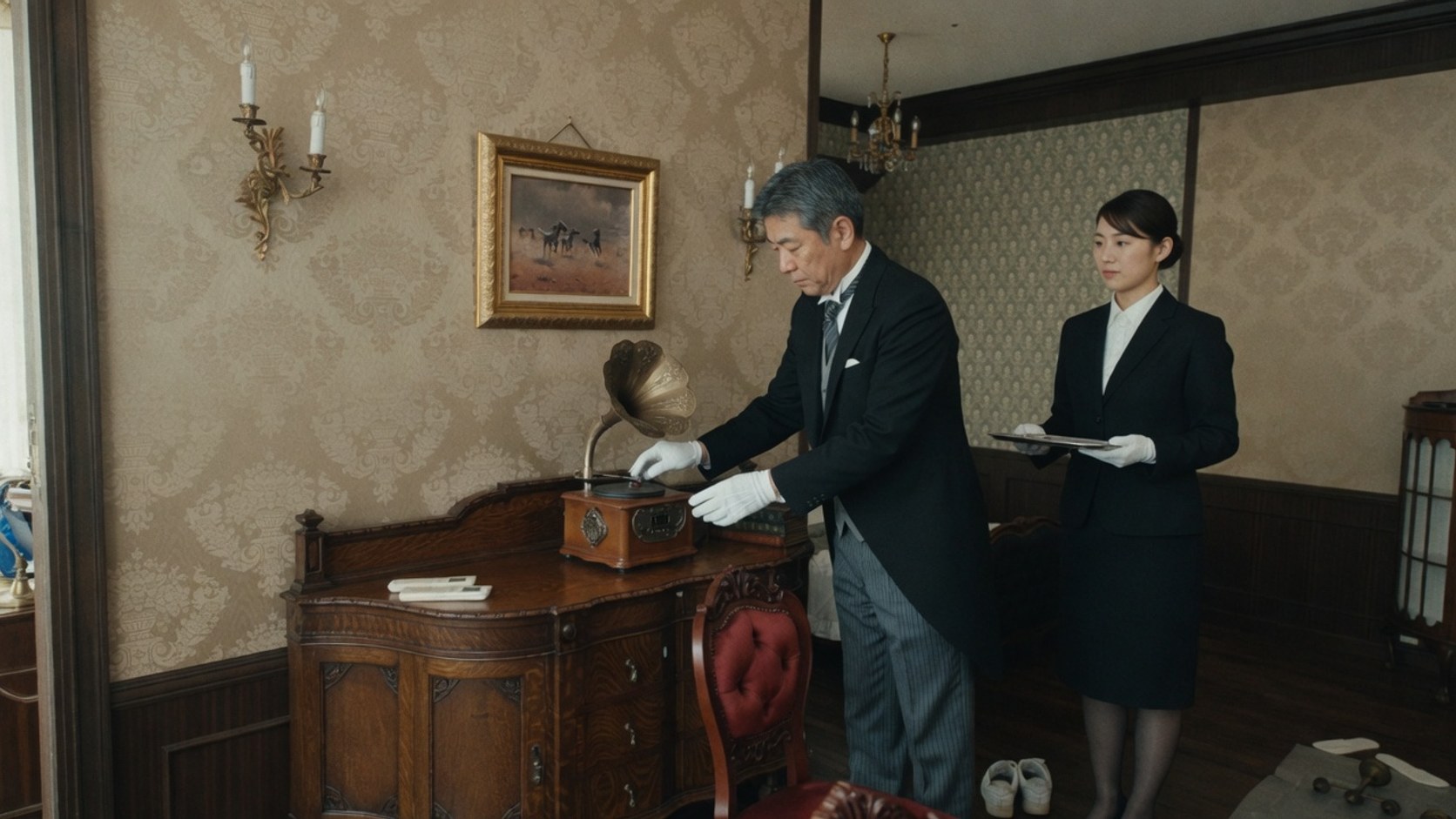 調度の前で書類を確かめ合う二人の執事