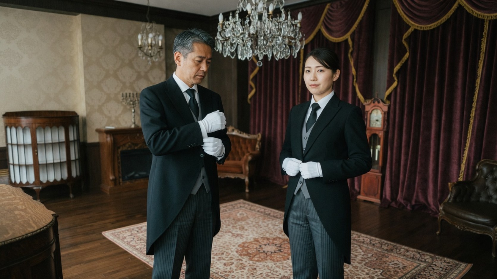 広間で向かい合い、手袋のまま話す執事二人