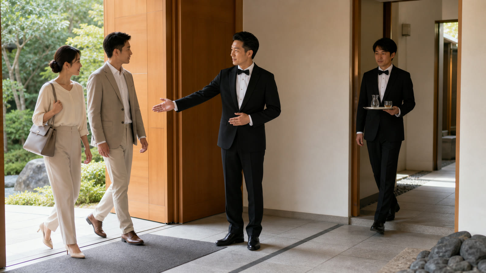 来客と使用人の動線を示す協会の作法の場面