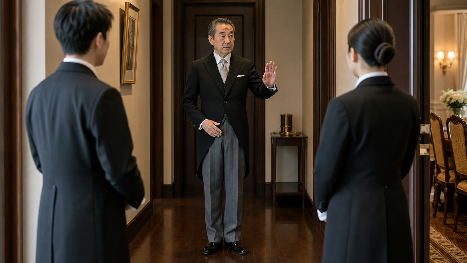 静かに控える執事の立ち居振る舞い