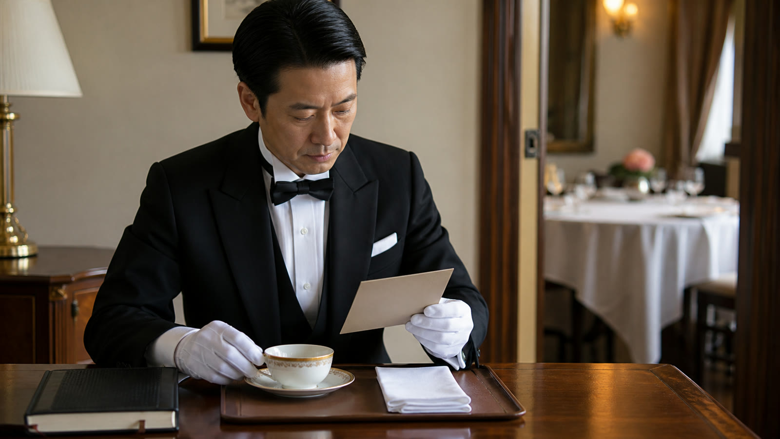 ご主人さまの好みを帳面に記す執事