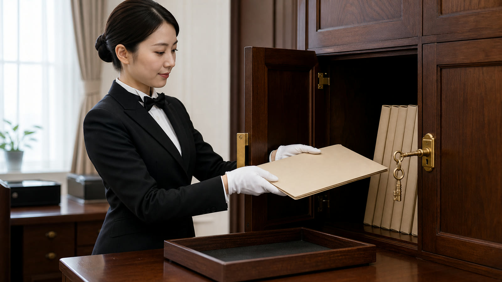 書類を施錠された棚に収める執事