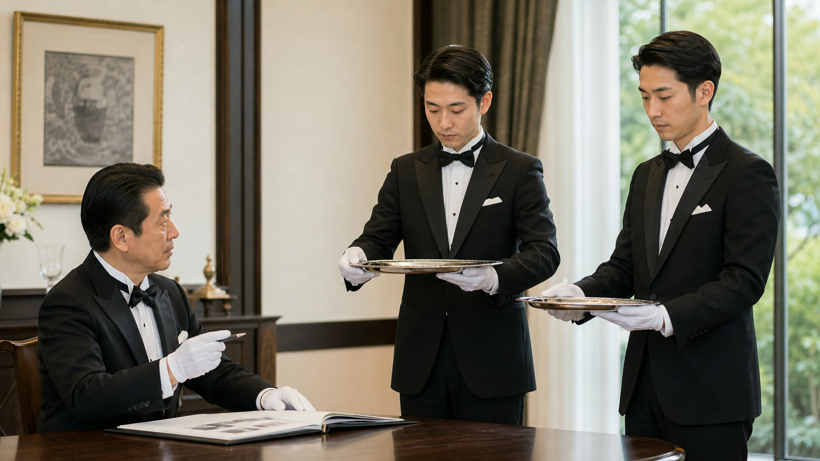 協会の育成研修で所作を練習する執事たち