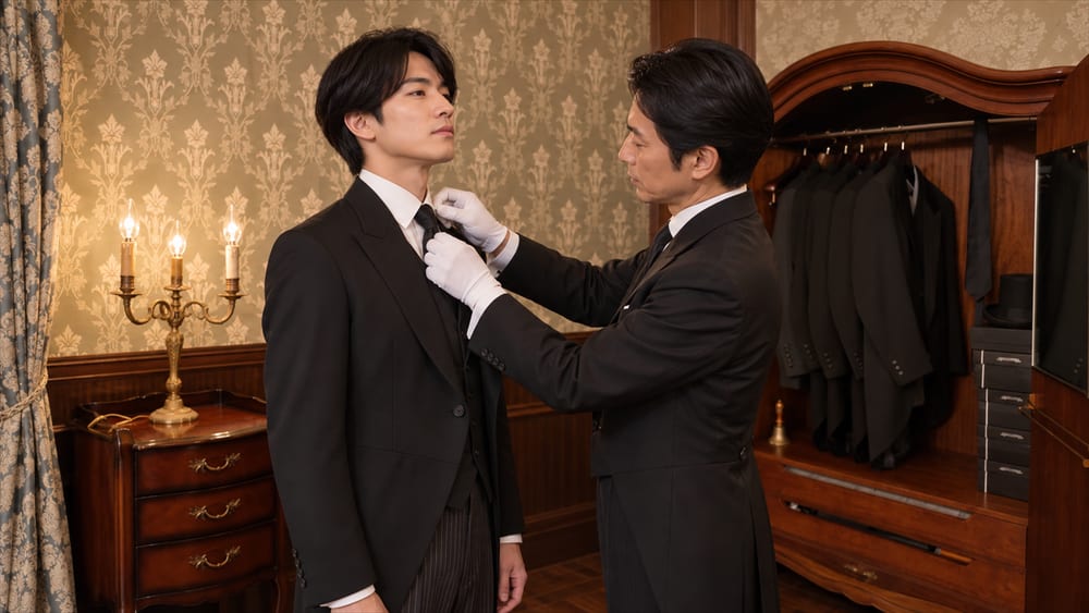 衣装部屋で、見習いの襟元を直す執事