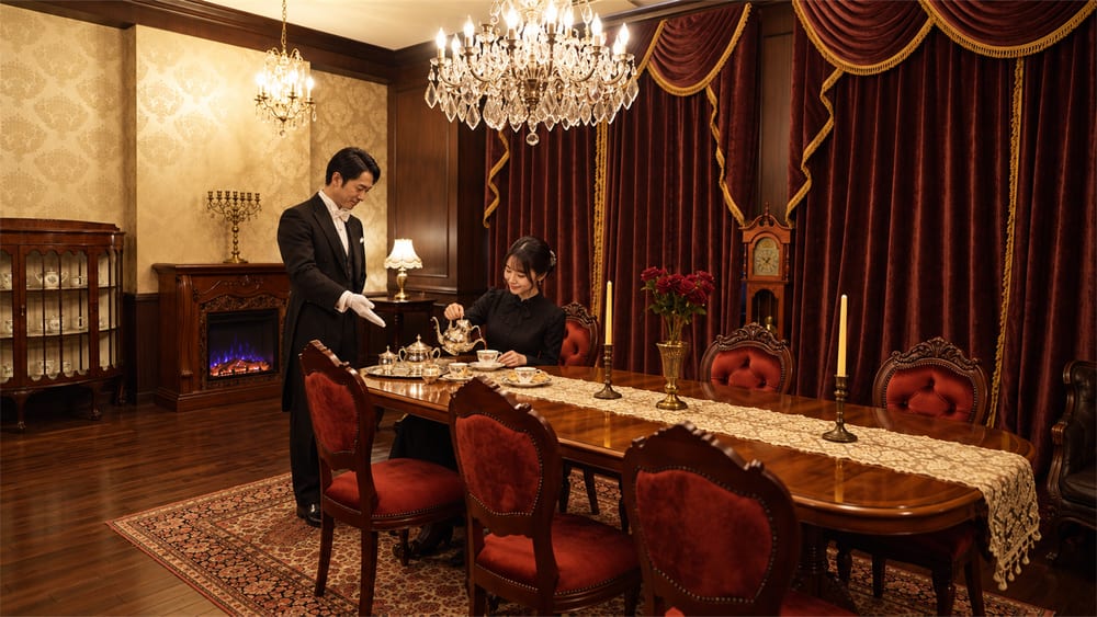長い食卓で紅茶の支度を稽古する見習い