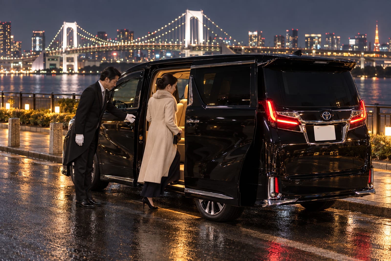 夜のお台場で車の扉を開ける執事(実写)