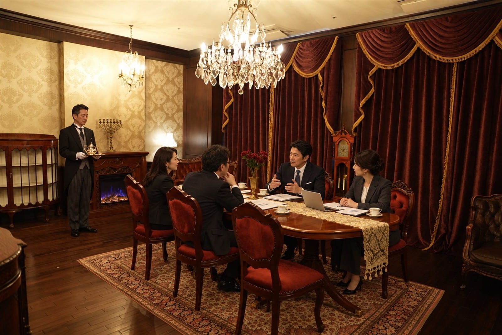 正餐の間で四名の会議に執事が付く(実写)