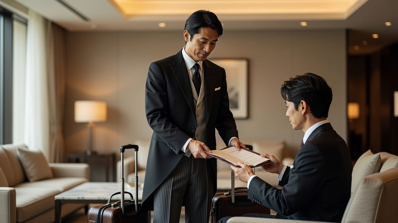 出張先の宿で、書類を手渡す執事