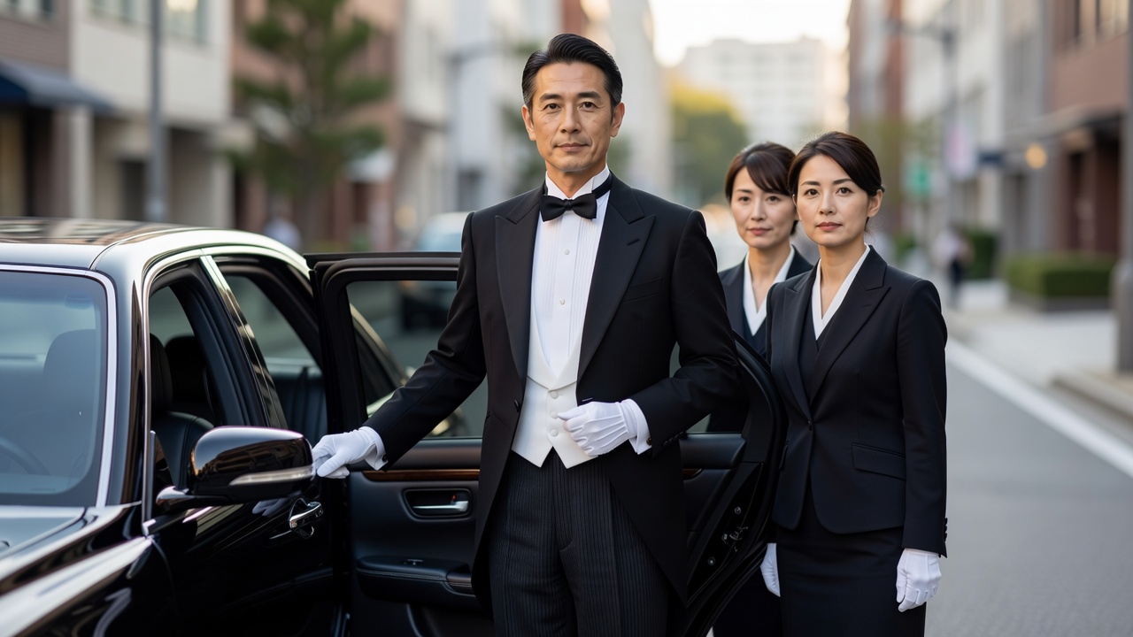 車寄せで、車の扉に手を添えて待つ執事と随行者