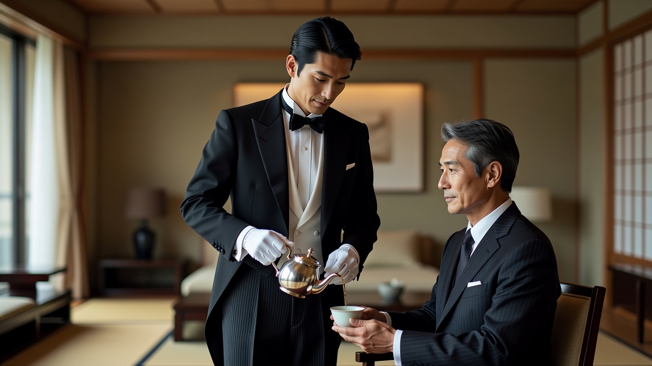 和室で膝を落として茶を供する執事