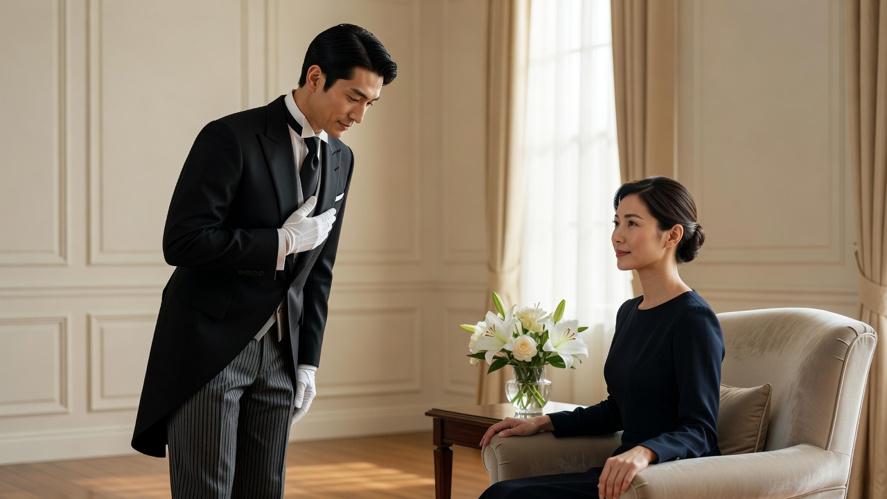 窓辺の椅子に掛けた相手へ、腰を折って話を聞く執事
