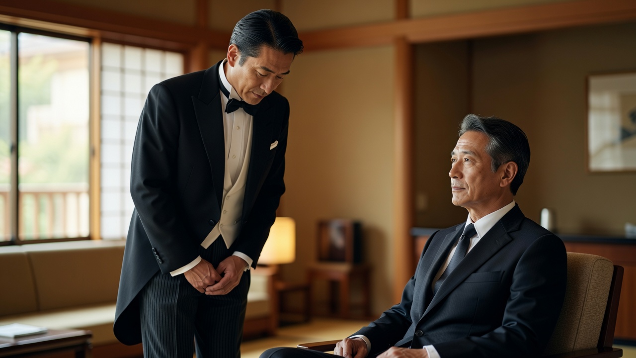 座った相手のそばで、身をかがめて言葉を交わす執事