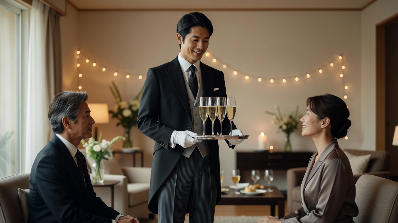 灯りを落とした室内で、盆に載せた飲み物を客に差し出す執事
