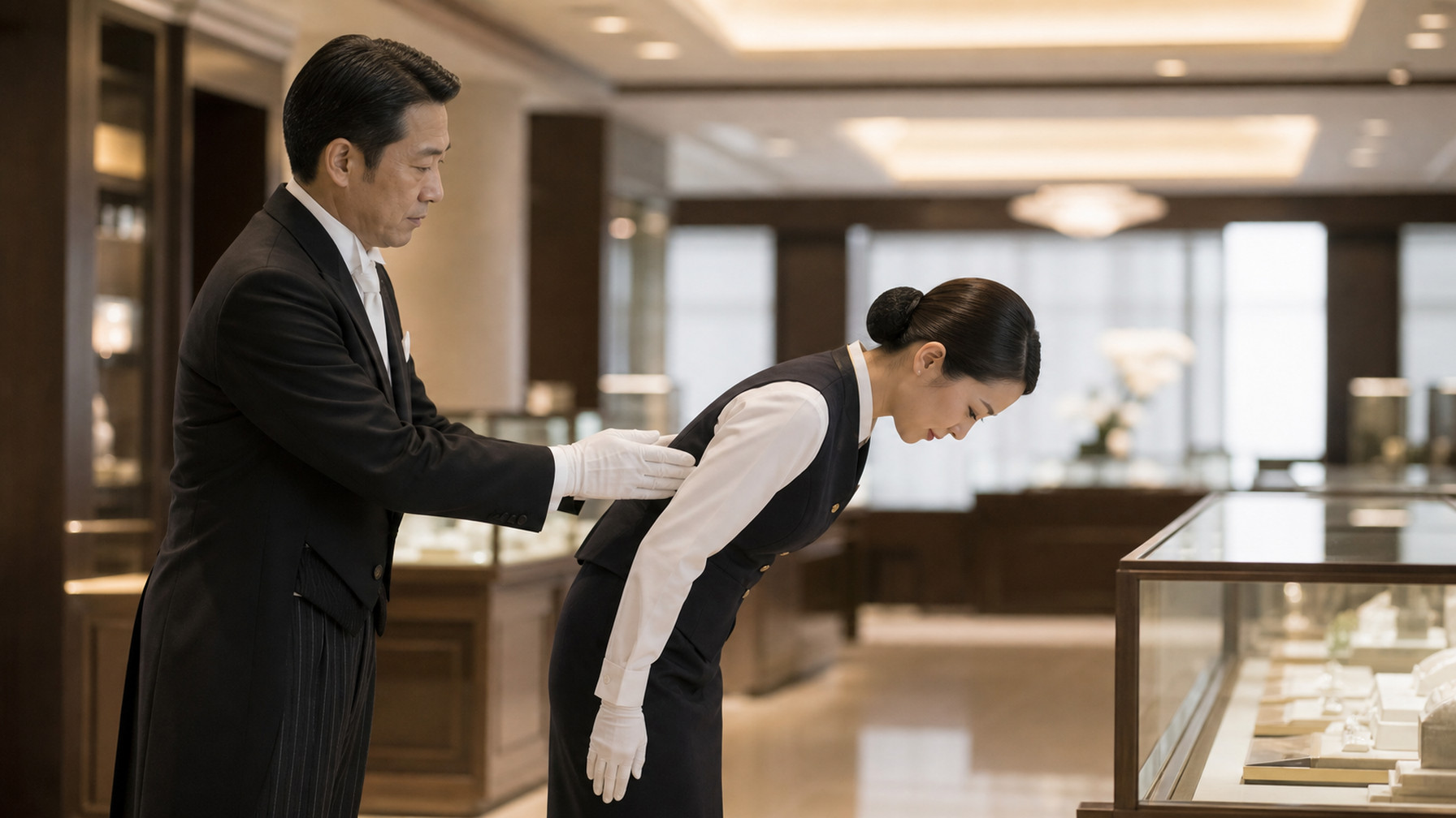 お辞儀の角度を講師が確かめる研修