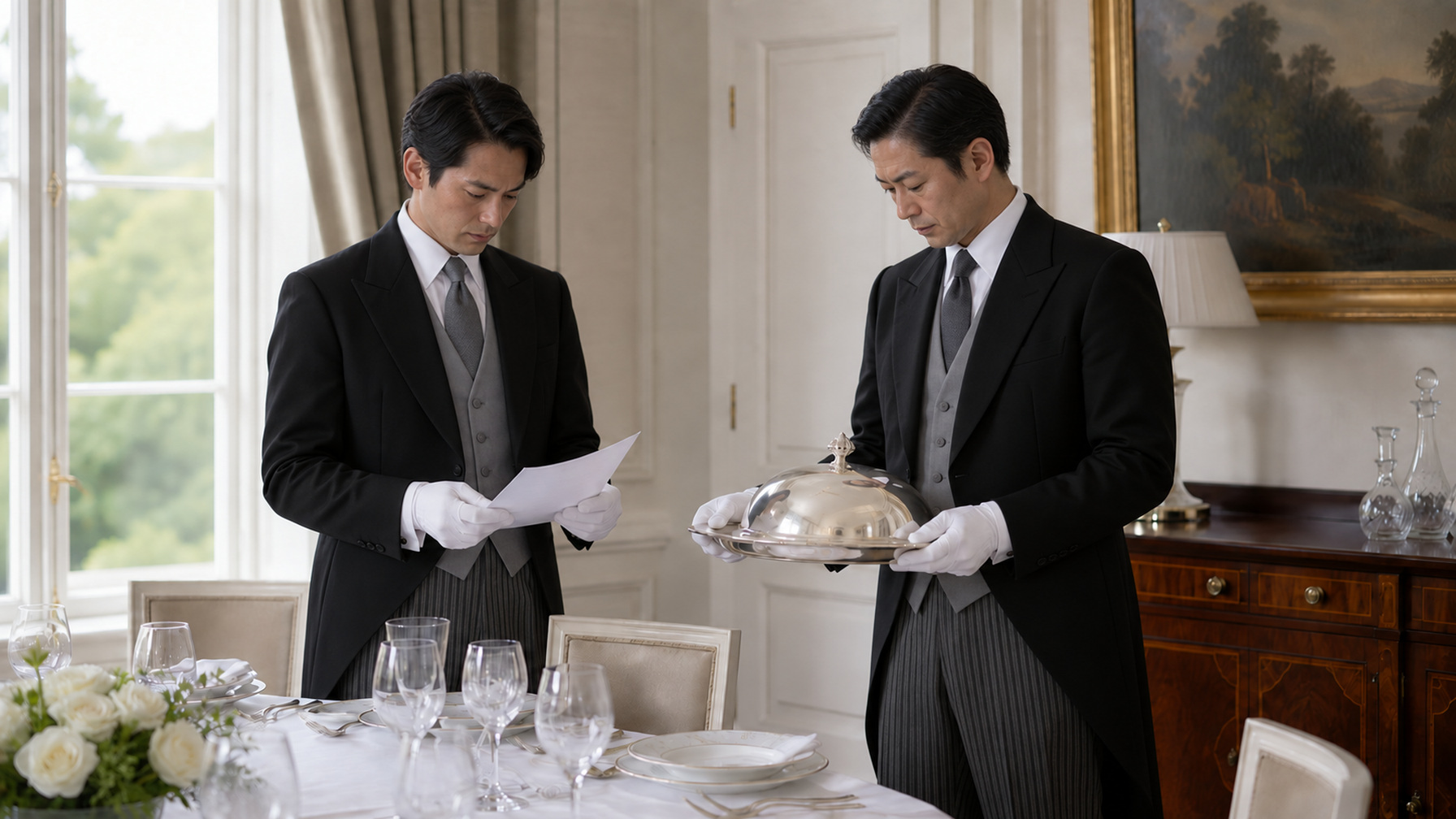晩餐の支度を二人で打ち合わせるTHE BUTLERの執事