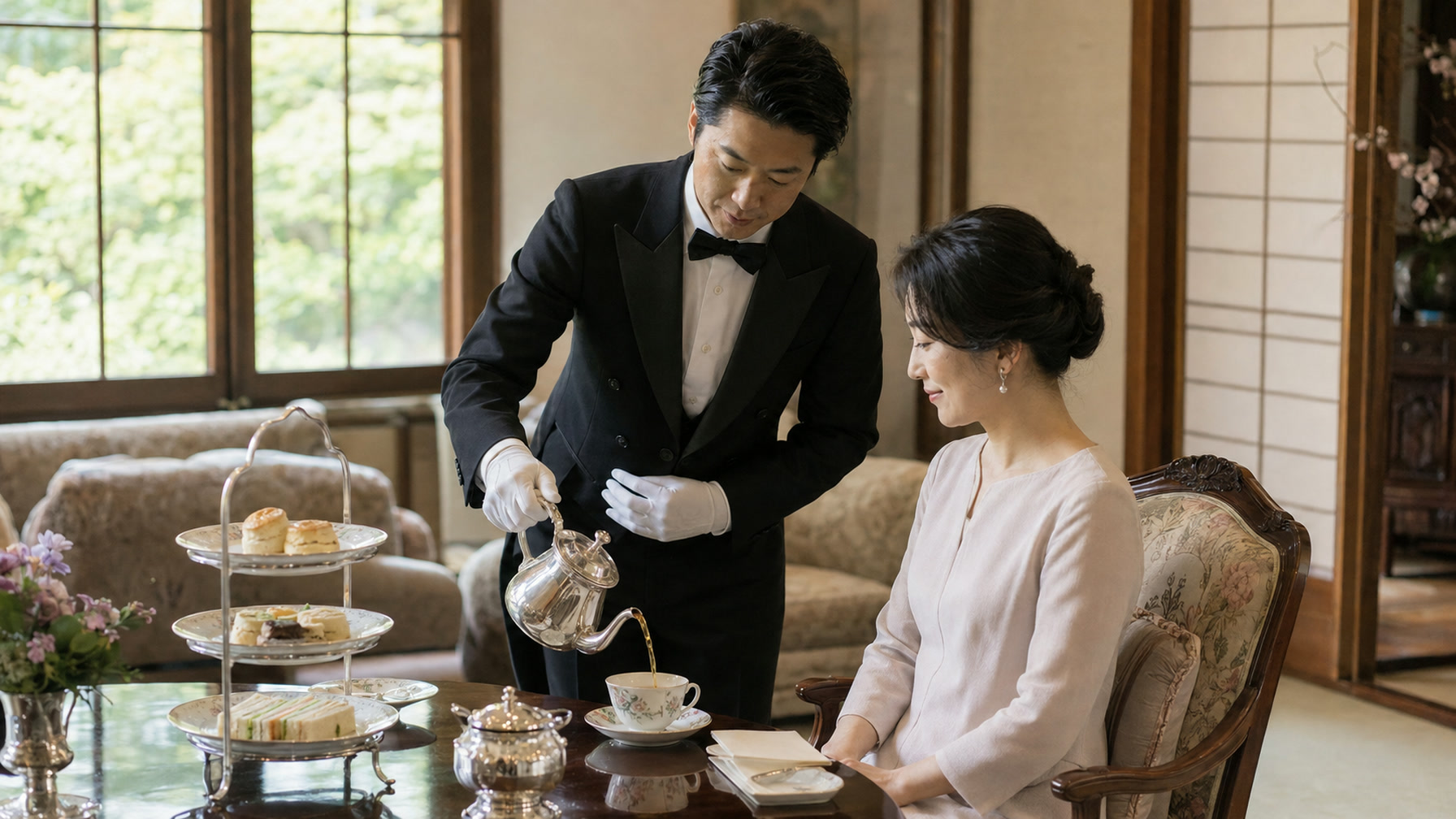 応接間でお客様に紅茶を注ぐ執事