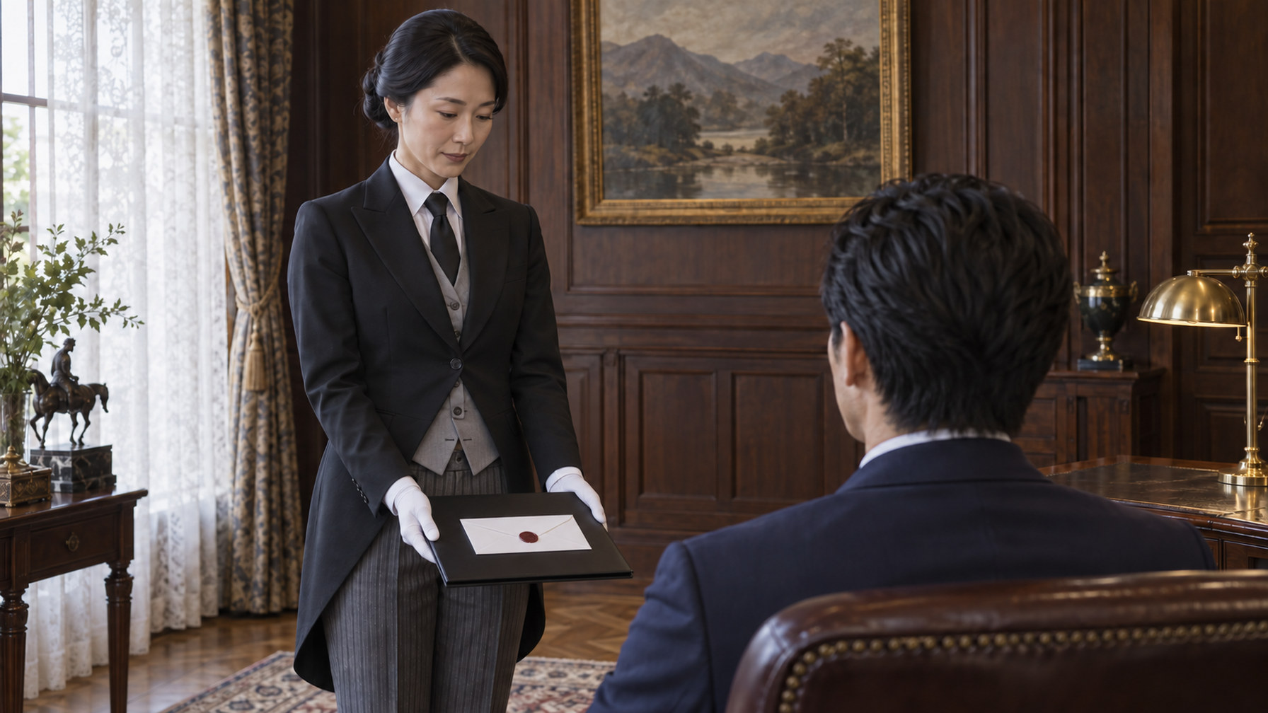 書斎で主人に封書を差し出す執事