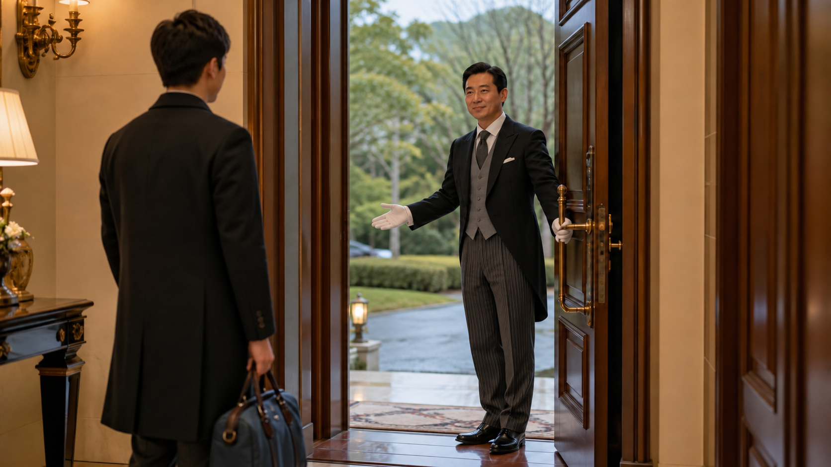 初めてのお客様を玄関で迎える執事