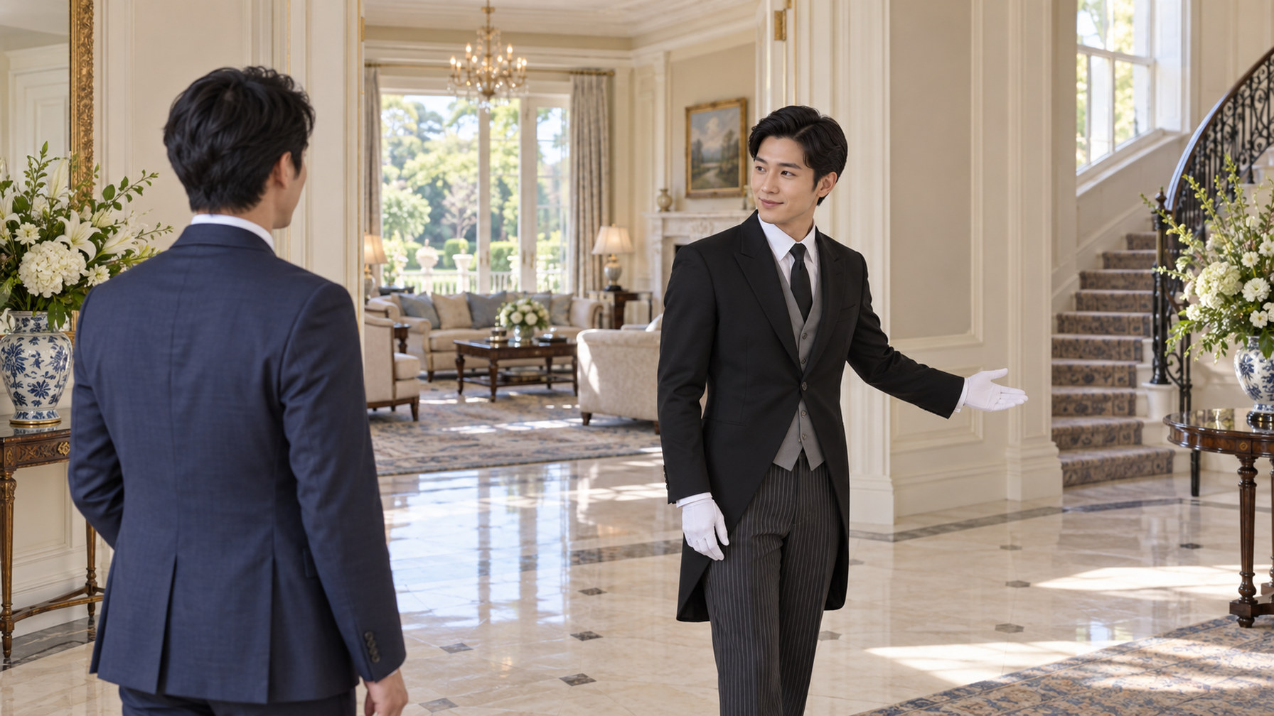 明るい邸宅の玄関で来客を室内へ案内するTHE BUTLERの執事