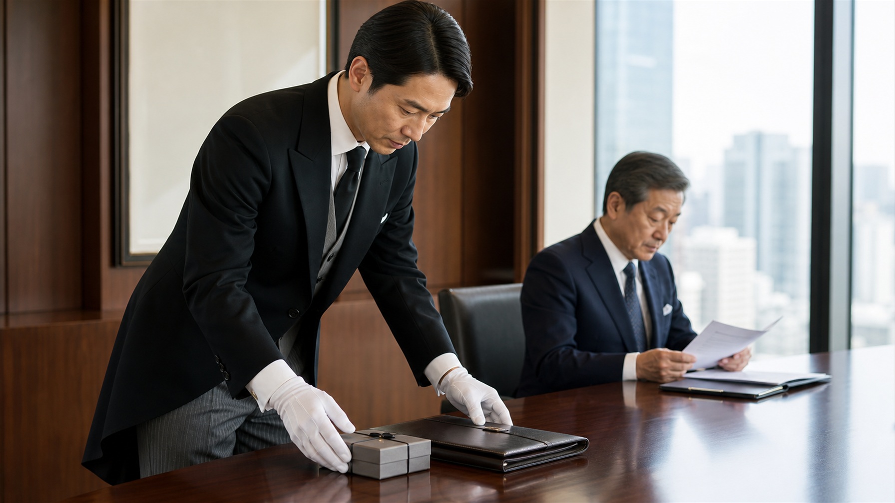会議室で経営者の資料を整えるエグゼクティブバトラー