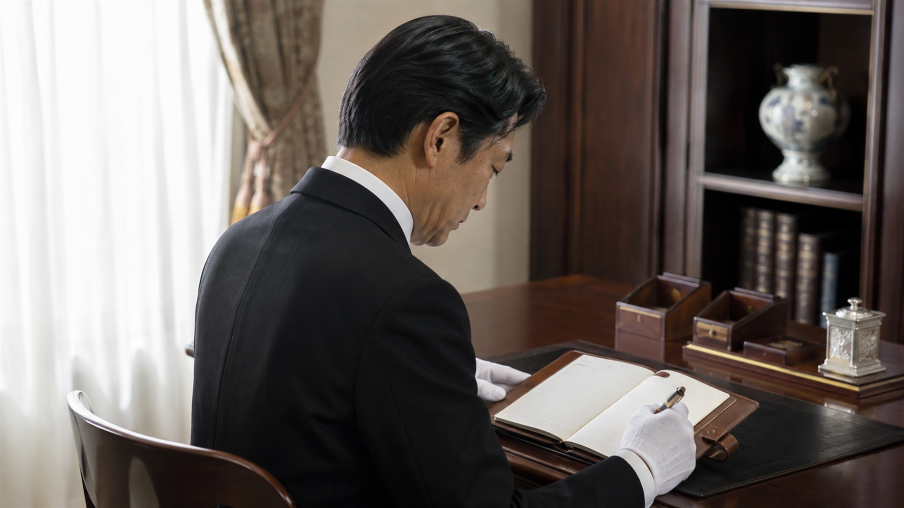 朝の書斎でその日の予定を確かめるデイ・バトラー
