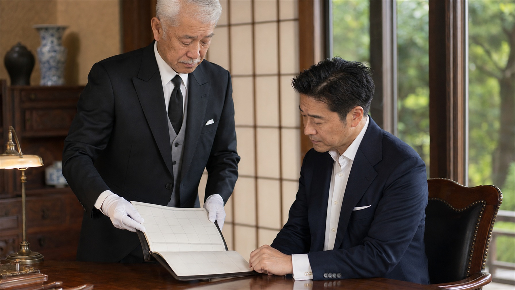 邸宅の応接間で家の運営を確かめるプライベート・バトラー