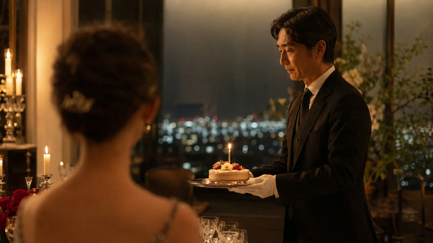 記念日の夜、ケーキを運ぶ執事