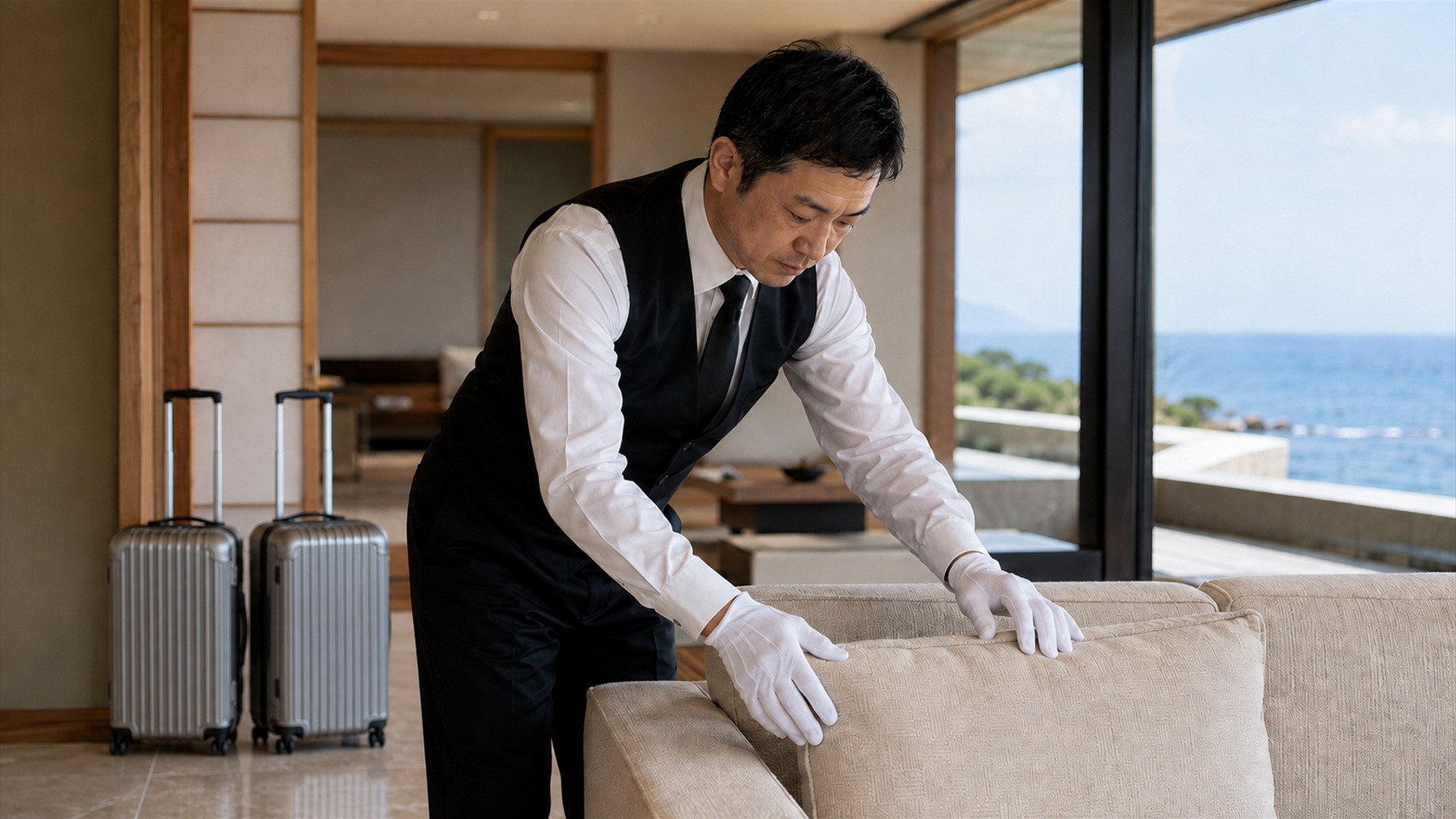 別荘に着いたご家族の荷物を整える執事